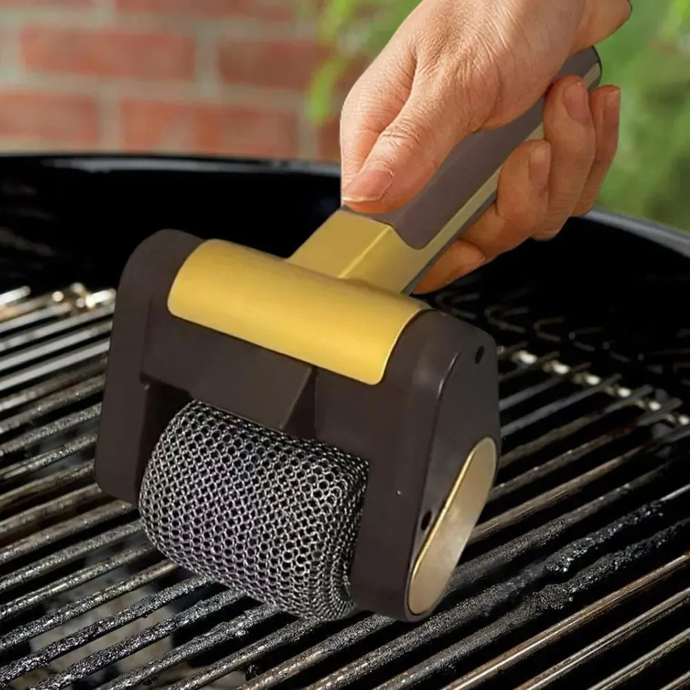 Cordless grill cleaner removing burnt food residue